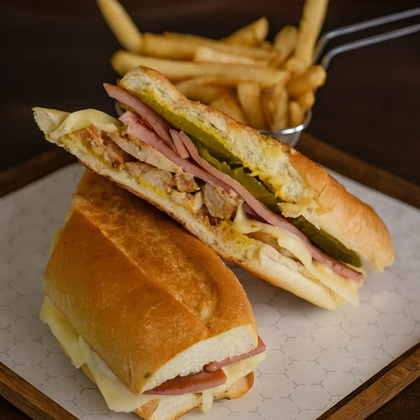 Two Cuban sandwiches with ham, cheese, pickles, and mustard, served with a side of fries.